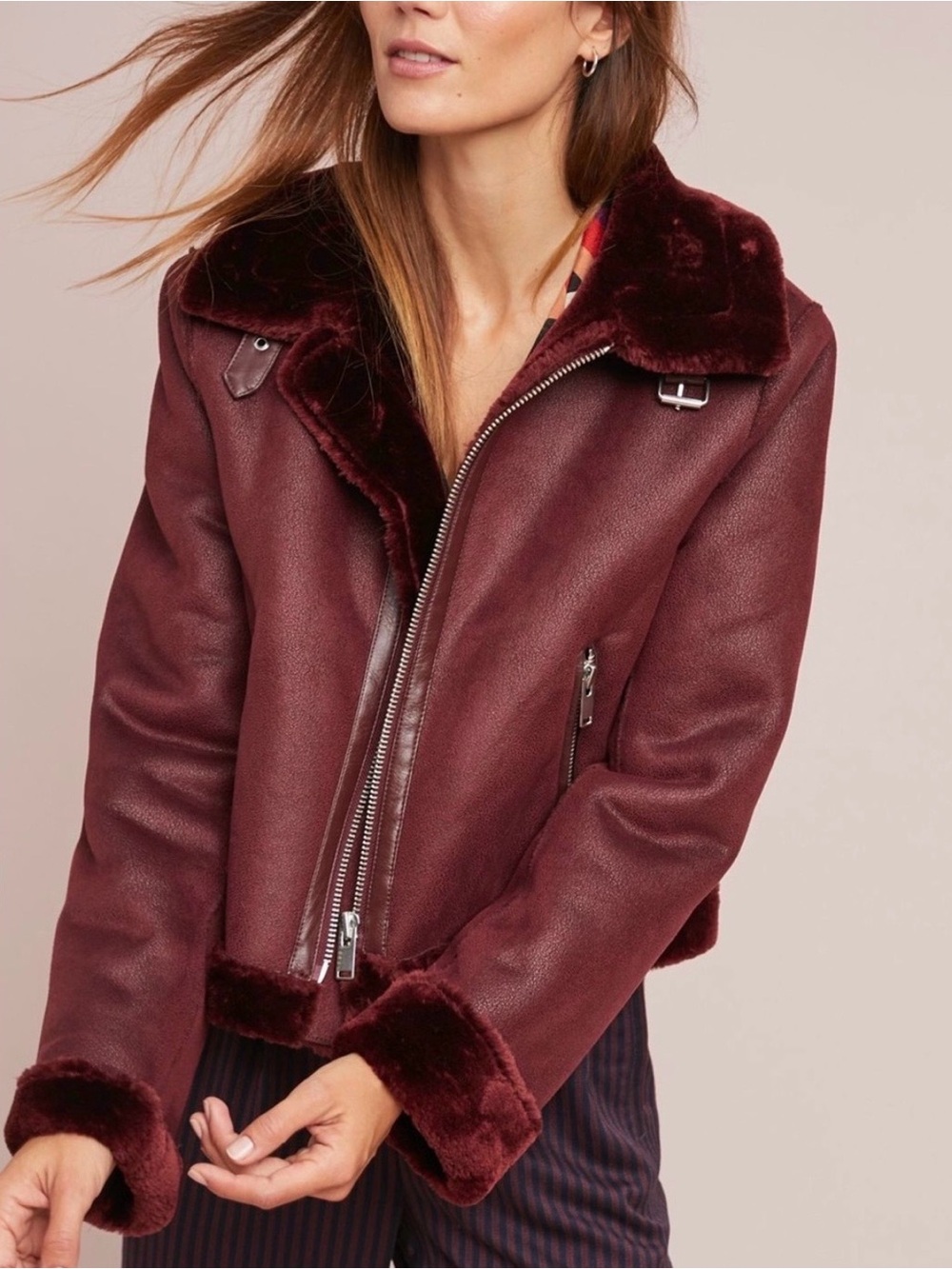 Anthropologie Beautiful Burgundy Faux-Shearling Moto Jacket